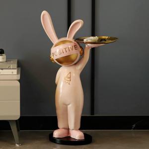 Decor Thỏ Bồi Bàn Cao Cấp - Thỏ Positive - Tượng Decor Bưng Đĩa (màu hồng)