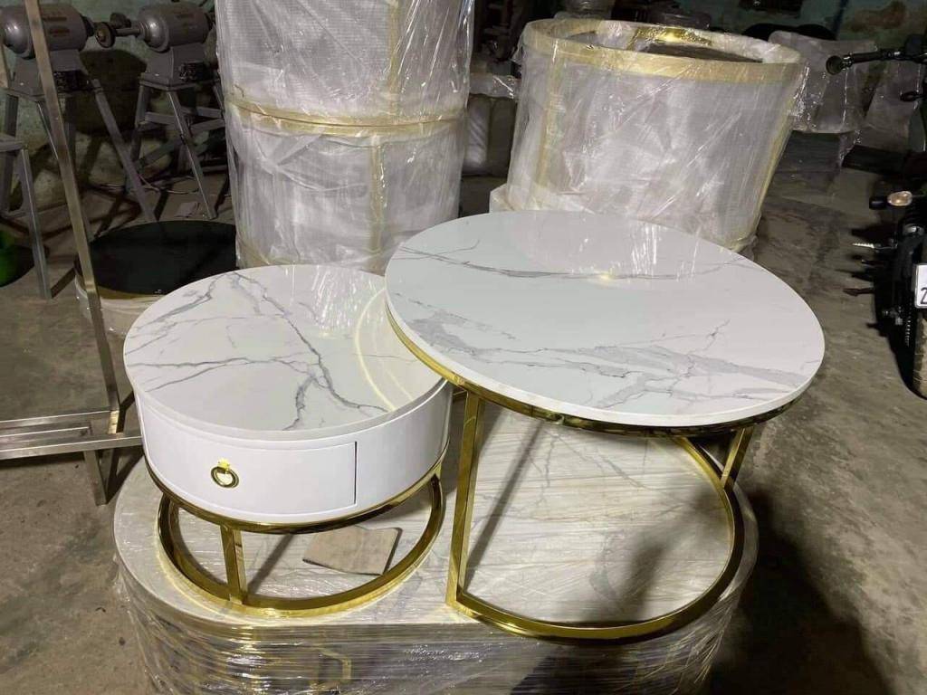 Bàn Trà Mạ Vàng PVD, mặt đá 3d BTD104
