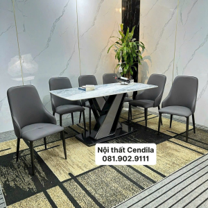Bàn Ăn 4 Ghế Cao Cấp CEN-B413 (đá tinh thể xuyên sáng sang trọng, ghế bọc da chống xước)