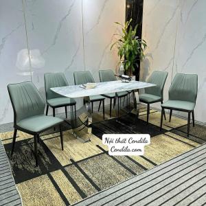 Bộ Bàn Ăn inox 6 Ghế bọc da chống xước, mặt đá tinh thể suyên sáng CEN-B419