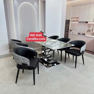 Bộ Bàn Ăn inox chân Chan.nel 6 Ghế bọc da chống xước, mặt đá tinh thể suyên sáng CEN-B451
