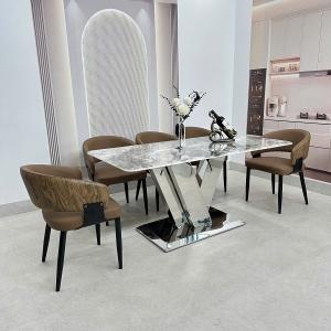 Bộ Bàn Ăn inox chân L.V 4 Ghế bọc da chống xước, mặt đá tinh thể suyên sáng CEN-B452