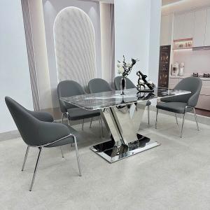 Bộ Bàn Ăn inox chân L.V Ghế bọc da chống xước, mặt đá tinh thể suyên sáng CEN-B453