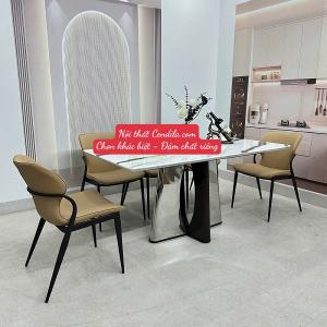 Bàn Ăn inox 4 Ghế cao cấp bọc da chống xước, chống bút mực, mặt đá tinh thể suyên sáng CEN-B455